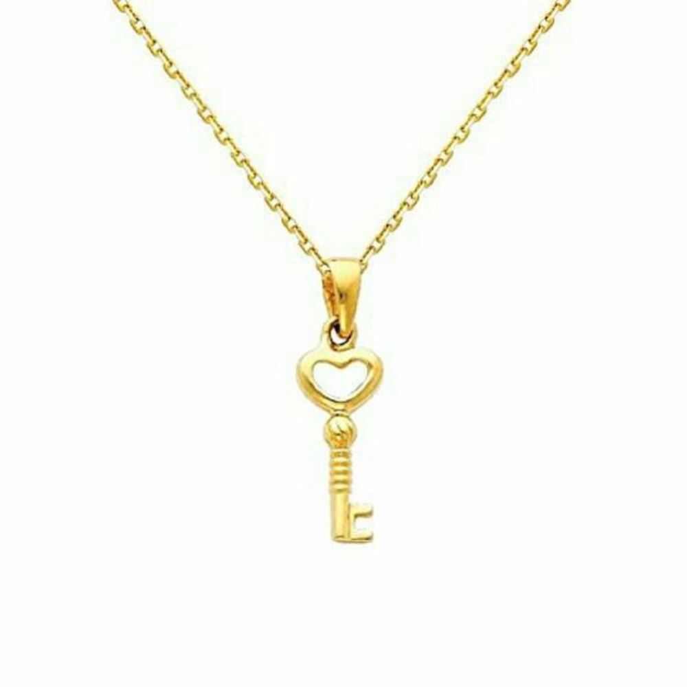 14k Solid yellow Gold Heart key Necklace 2pc set